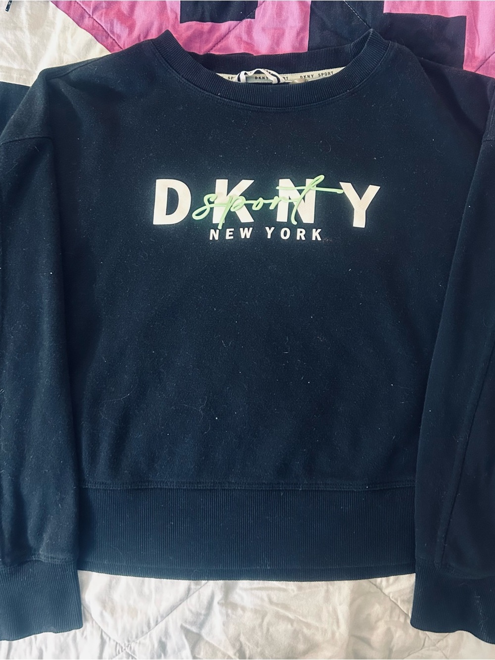 DKNY Black Crop Sweatshirt with Neon Green Script